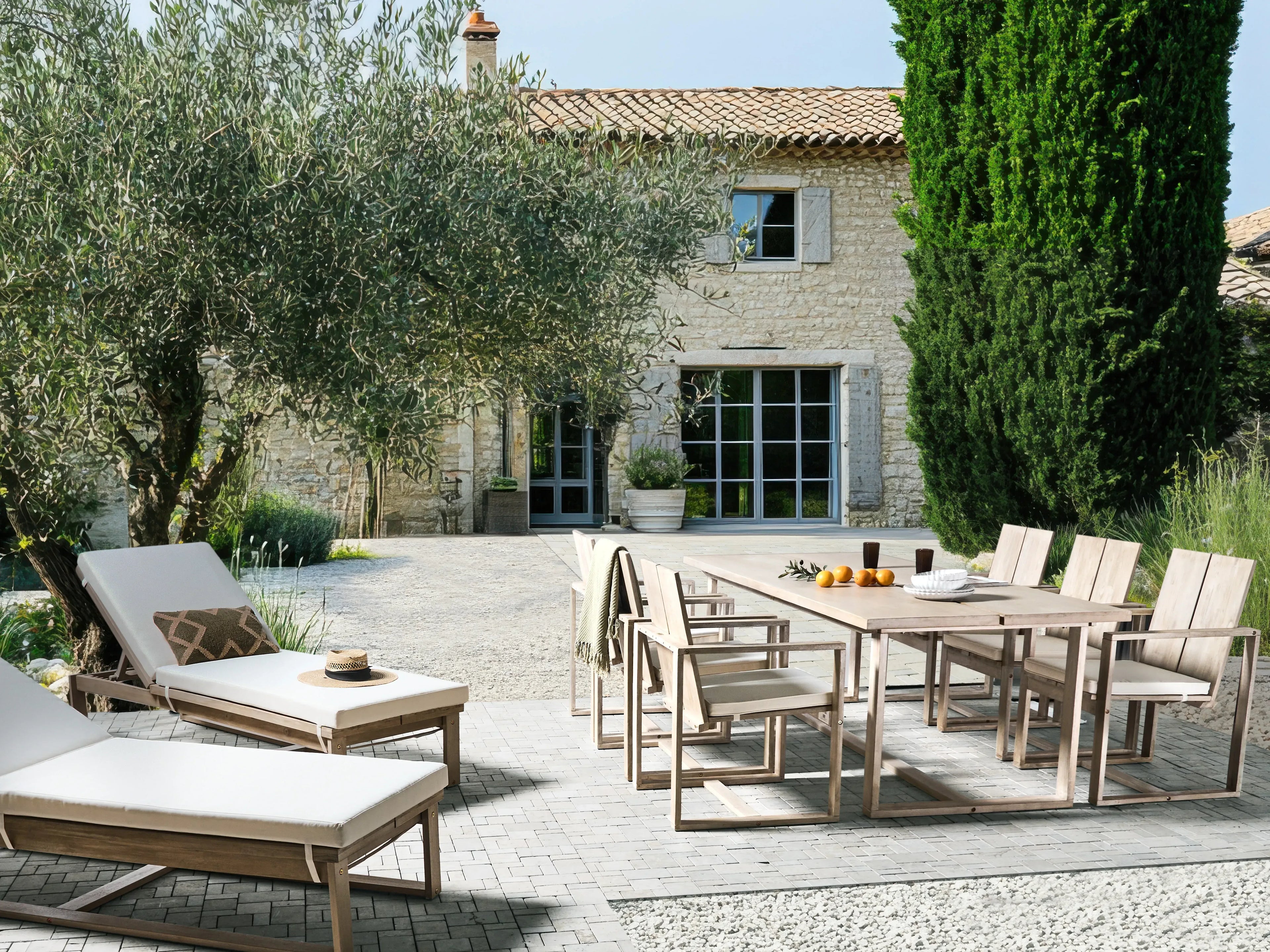 Chaise longue avec coussin Bois d'acacia Blanc cassé