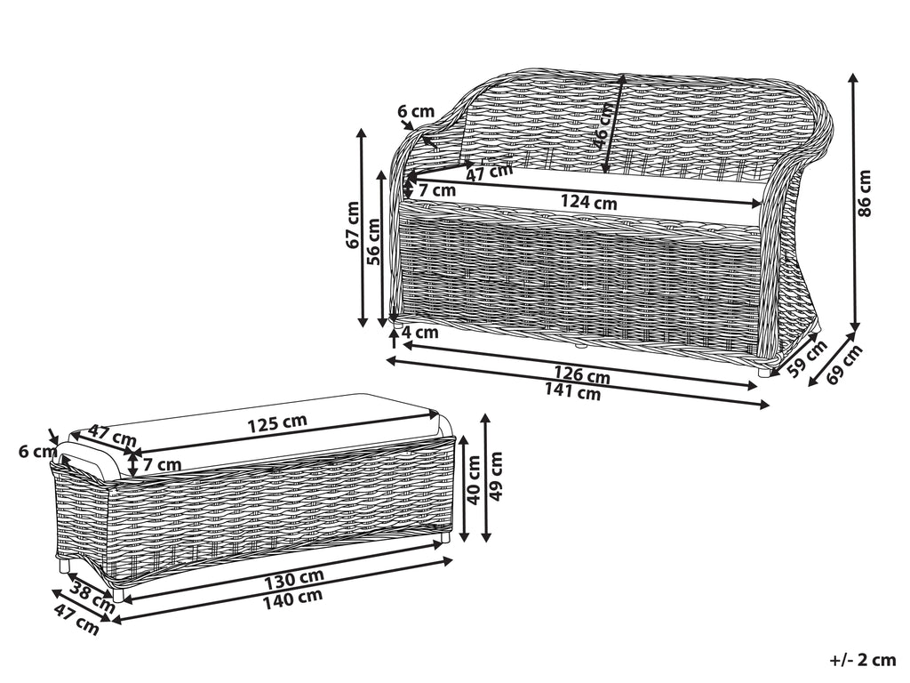 Banc de jardin avec coussin 141 cm avec pouf en rotin naturel