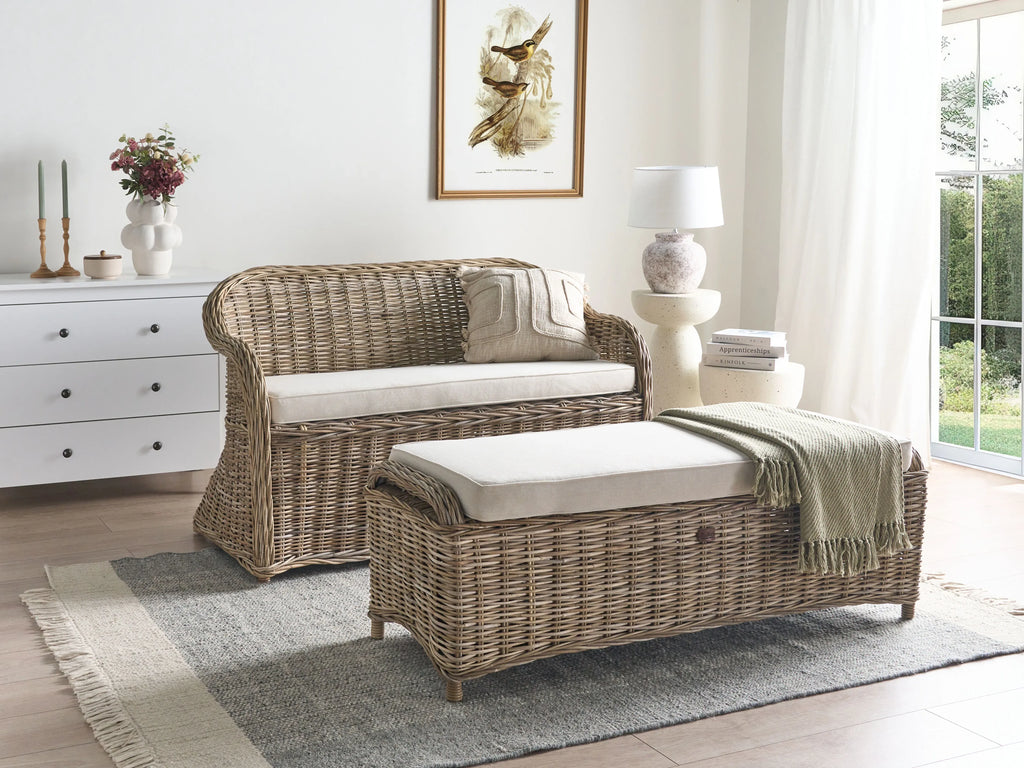 Banc de jardin avec coussin 141 cm avec pouf en rotin naturel