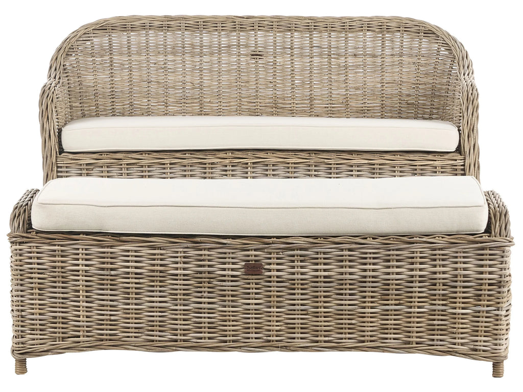 Banc de jardin avec coussin 141 cm avec pouf en rotin naturel